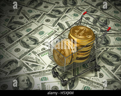 Concept de Bitcoins acheté dans le panier et en dollars Banque D'Images