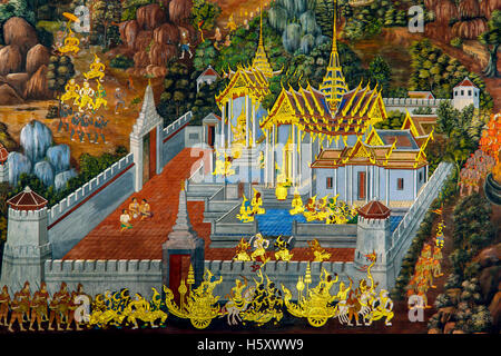 Thai peintures murales du Wat Phra Kaew à Bangkok, Thaïlande. Des scènes de Ramayana ou Ramakian Banque D'Images