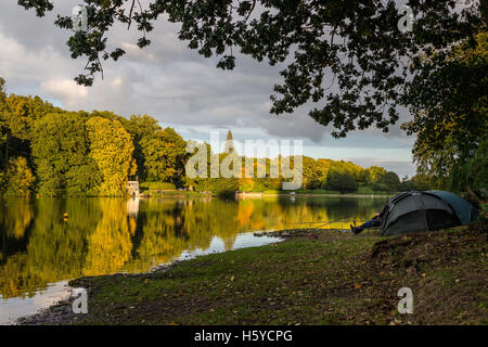 Lac de Shearwater, Wiltshire, Royaume-Uni. 21 Oct, 2016. Shearwater, Longleat Estate. Une fin glorieuse pour la journée sur ce lac de plaisance et de pêche populaires ont vu le soleil qui illumine la banque d'arbres entourant le bord de l'eau. L'automne bat son plein comme les arbres à feuilles caduques révèle le profond des teintes de rouge, orange et jaune dans le feuillage. Credit : Wayne Farrell/Alamy Live News Banque D'Images