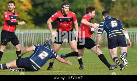 Manchester UK 22 Octobre 2016 Action de la South Lancs/Division Cheshire 1 match entre Broughton Park, en rouge, et Anselmians, dans des cerceaux. Broughton Park win 59-12 pour passer au quatrième dans la table. Banque D'Images