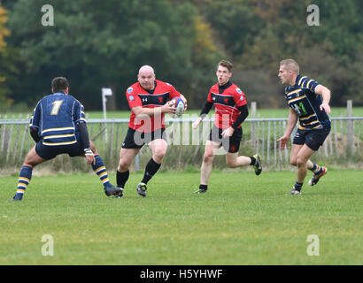 Manchester UK 22 Octobre 2016 Action de la South Lancs/Division Cheshire 1 match entre Broughton Park, en rouge, et Anselmians, dans des cerceaux. Broughton Park win 59-12 pour passer au quatrième dans la table. Banque D'Images