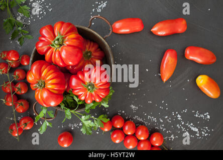 Trois différents types de tomates sur fond noir. Banque D'Images