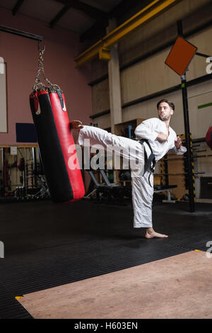 Man practicing karate avec punching bag Banque D'Images