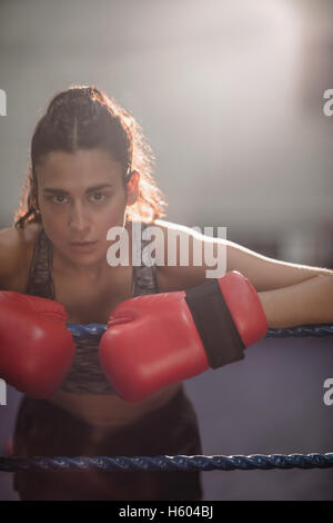 Portrait of female boxer in boxing gloves Banque D'Images