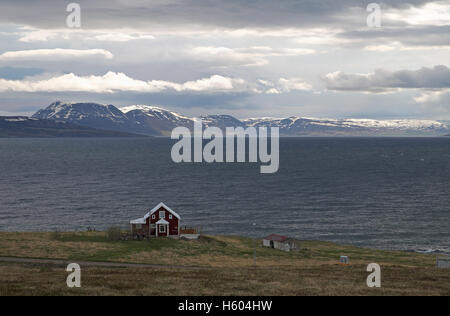 Maison solitaire sur l'île de Hrisey, avec des montagnes enneigées au-delà, l'Eyjafjordur, au nord de l'Islande, Akuretri. Banque D'Images