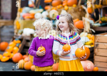 Groupe d'enfants bénéficiant d'harvest festival Célébration à Pumpkin Patch. Kids picking et découper les citrouilles à ferme du pays Banque D'Images