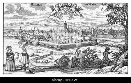 Allemagne, vue aérienne de la ville fortifiée de Francfort sur Main en XVII siècle Banque D'Images