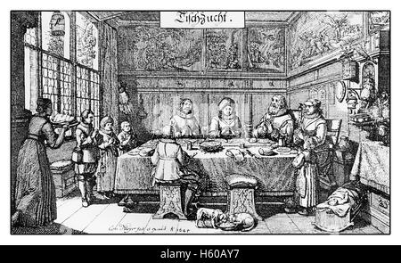 Année 1645, l'Allemagne vintage gravure : famille réunie à table dans la salle à manger donnant la grâce au Seigneur avant le dîner Banque D'Images