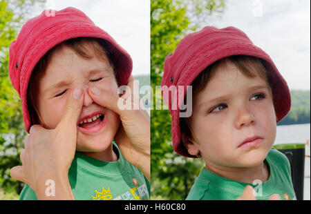 Une double image d'un jeune garçon (4 ans) de la crème solaire après avoir frotté sur son visage et sa mère donnant un coup d'oeil sale après Banque D'Images