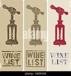 Liste des vins couvre slim avec une illustration d'un tire-bouchon vintage Illustration de Vecteur