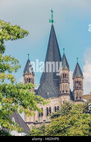 Voir en haut de l'église Saint Martin d'arbres en bordure de Cologne. Banque D'Images