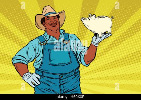 African American farmer avec un cochon-tirelire Illustration de Vecteur