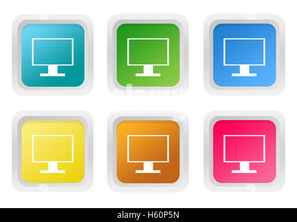 Ensemble de boutons colorés au carré avec écran de télévision ou un écran d'ordinateur en symbole bleu, vert, jaune, rose et orange Banque D'Images