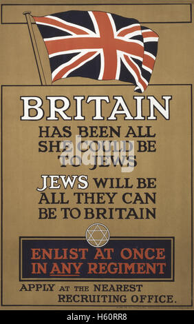 La PREMIÈRE GUERRE MONDIALE montrant l'Affiche de recrutement britannique drapeau britannique et l'étoile de David, imprimé par Hill, Sifkin & Company, Londres, Angleterre, RU, 1915 Banque D'Images