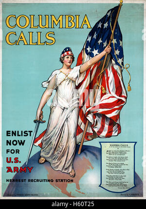 « Columbia appelle, inscrivez-vous dès maintenant pour les États-Unis Army », États-Unis Affiche de recrutement de l'armée pendant la première Guerre mondiale, conçue par Frances Adams Halsted à partir d'une peinture de Vincent Aderente, 1916 Banque D'Images