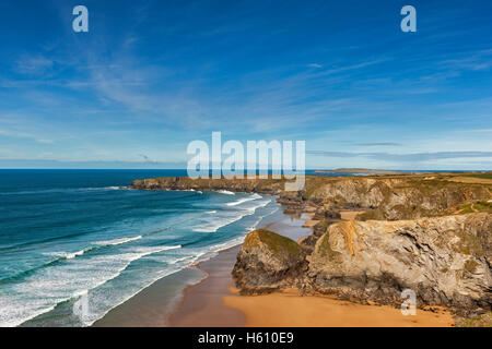 Bedruthan steps sur une marée basse, Cornwall Banque D'Images