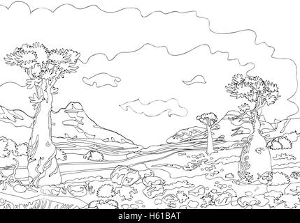 Dessin à la main paysage les arbres et les pierres ornementales Illustration de Vecteur