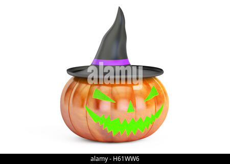 En Citrouille Halloween Chapeau de sorcière, rendu 3D isolé sur fond blanc Banque D'Images