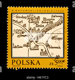 Timbre-poste de la Pologne représentant une carte de Pologne par Bernard Wapowski. Banque D'Images