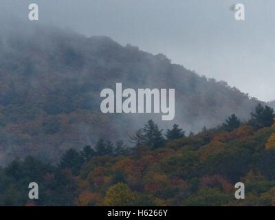 Brouillard humide s'élève des montagnes après de fortes pluies Banque D'Images