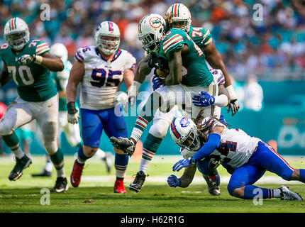 Miami Gardens, Florida, USA. 23 Oct, 2016. Running back des Dolphins de Miami Jay Ajayi (23), pas plus de Bills de Buffalo Stephon évoluait Gilmore (24), pour une première en bas au troisième trimestre de leur action jeu NFL dimanche 23 octobre 2016 au Hard Rock Stadium de Miami Gardens. © Bill Ingram/Le Palm Beach Post/ZUMA/Alamy Fil Live News Banque D'Images