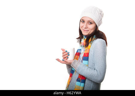 Belle jeune femme avec une tasse de café, isolated on white Banque D'Images