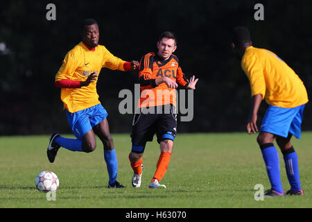 Mile End (jaune) vs FC Krystal Hackney & Leyton dimanche Football ligue à Hackney Marshes le 23 octobre 2016 Banque D'Images