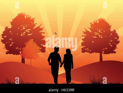 Couple in love promenade dans le parc Illustration de Vecteur