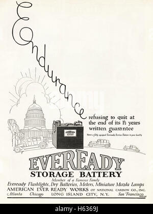 Années 1920 publicité une publicité à partir d'old vintage original daté 1921, le magazine américain advertising Eveready Batteries de stockage Banque D'Images