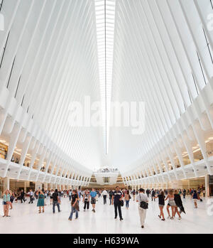 Comme le transport en commun de la cathédrale l'intérieur de hall des arrivées. L'Oculus, World Trade Center Transportation Hub, New York, United States. Architecte : Santiago Calatrava, 2016. Banque D'Images