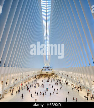 Cathédrale-comme l'intérieur de l'hôtel de transit plate-forme d'observation au niveau de la rue. L'Oculus, World Trade Center Transportation Hub, New York, United States. Architecte : Santiago Calatrava, 2016. Banque D'Images