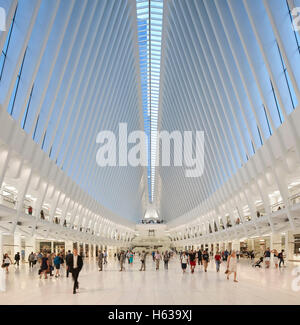 Comme le transport en commun de la cathédrale l'intérieur de hall des arrivées. L'Oculus, World Trade Center Transportation Hub, New York, United States. Architecte : Santiago Calatrava, 2016. Banque D'Images