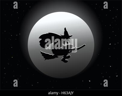 Vol sur balai de sorcière effrayante par lune, Halloween vector illustration Illustration de Vecteur