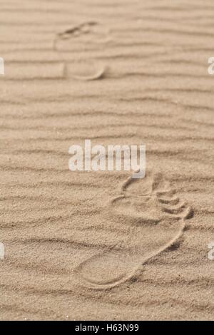 Des traces de pieds humains sur une plage de la mer de sable immaculées claire désert ou Banque D'Images