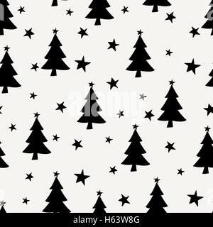 Schéma de répétition sans faille avec les arbres de Noël et des étoiles en noir sur fond crème. Illustration de Vecteur