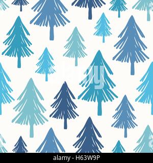 Schéma de répétition sans faille avec les arbres de Noël dans différentes nuances de bleu sur fond blanc. Illustration de Vecteur