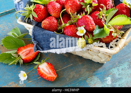La récolte des fraises mûres fraîches dans un panier en osier sur la vieille table en bois, selective focus. Banque D'Images