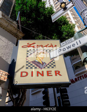 San Francisco, CA, USA, Lori's American Diner Restaurant, Centre-ville, signe Vintage 1950, scène de rue, détail de signe de diner vintage commercial Banque D'Images