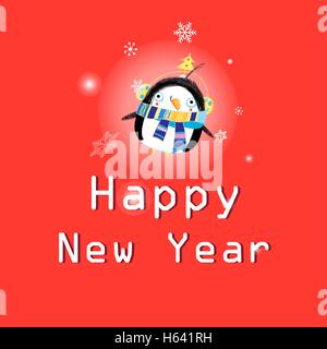 Carte de vœux de Noël avec un drôle de penguin sur fond rouge Illustration de Vecteur