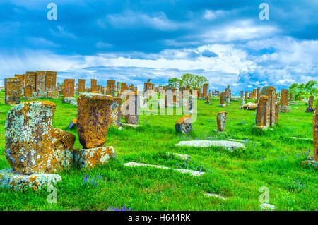 L'ancien sculpté sur les khatchkars pré vert lumineux de Noratous cimetière de Gegharkunik Province, l'Arménie. Banque D'Images