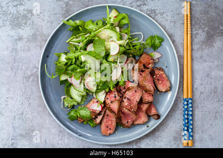 Salade de bœuf asiatique avec le concombre et salade d'herbes et de graines de sésame noir et blanc Banque D'Images