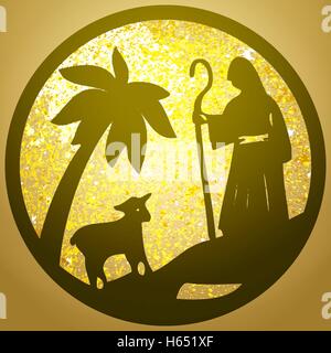 Berger et moutons icône silhouette vector illustration fond d'or. Scène de la Sainte Bible Illustration de Vecteur