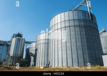 Le fer galvanisé les silos à grains dans une ferme de l'Europe de l'Est Banque D'Images