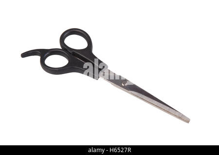 Ciseaux en acier avec poignées noires, il est isolé sur fond blanc Banque D'Images