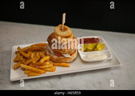 Un cheeseburger, frites, d'oignons, ketchup, mayonnaise sur une plaque blanche oblongue Banque D'Images