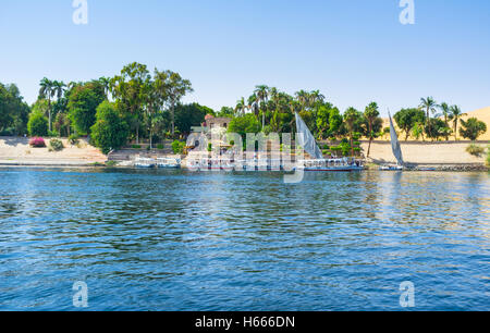 Les bateaux à moteur et des felouques amarrés à côté de l'entrée sur le jardin botanique Kitchener's island, Assouan, Egypte. Banque D'Images