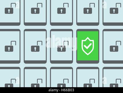 Concept de protection d'un téléphone intelligent via l'analyse antivirus et de détection des intrusions pour prévenir le piratage des appareils mobiles Illustration de Vecteur