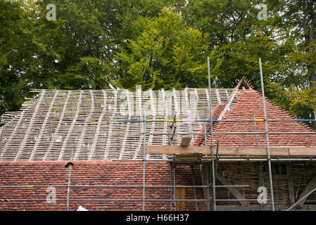 La construction de toit sur une maison médiévale avec peg Kentish Weald et tuiles à Downland Open Air Museum, Singleton, Sussex, Angleterre Banque D'Images