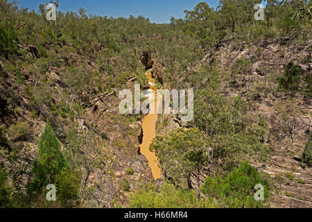 Vue spectaculaire des gorges profondes Robinson & stream à la base des falaises de grès robuste enveloppée dans les arbres dans le parc national de l'expédition à distance en Australie Banque D'Images