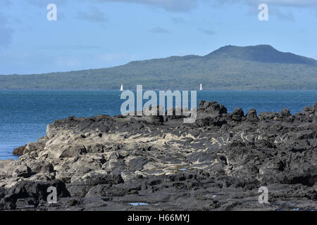 Vue de l'île de Rangitoto volcan depuis les roches de marée Banque D'Images